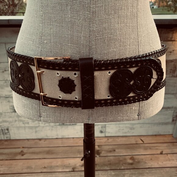 Wide Statement Brown Braided Leather Canvas Boho Chic 70s Hippie Corset Belt - Picture 1 of 13